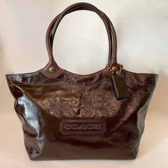 Coach Bleecker Patent Leather Large Tote Mahogany 12403 Shoulder Bag - Picture 1 of 12